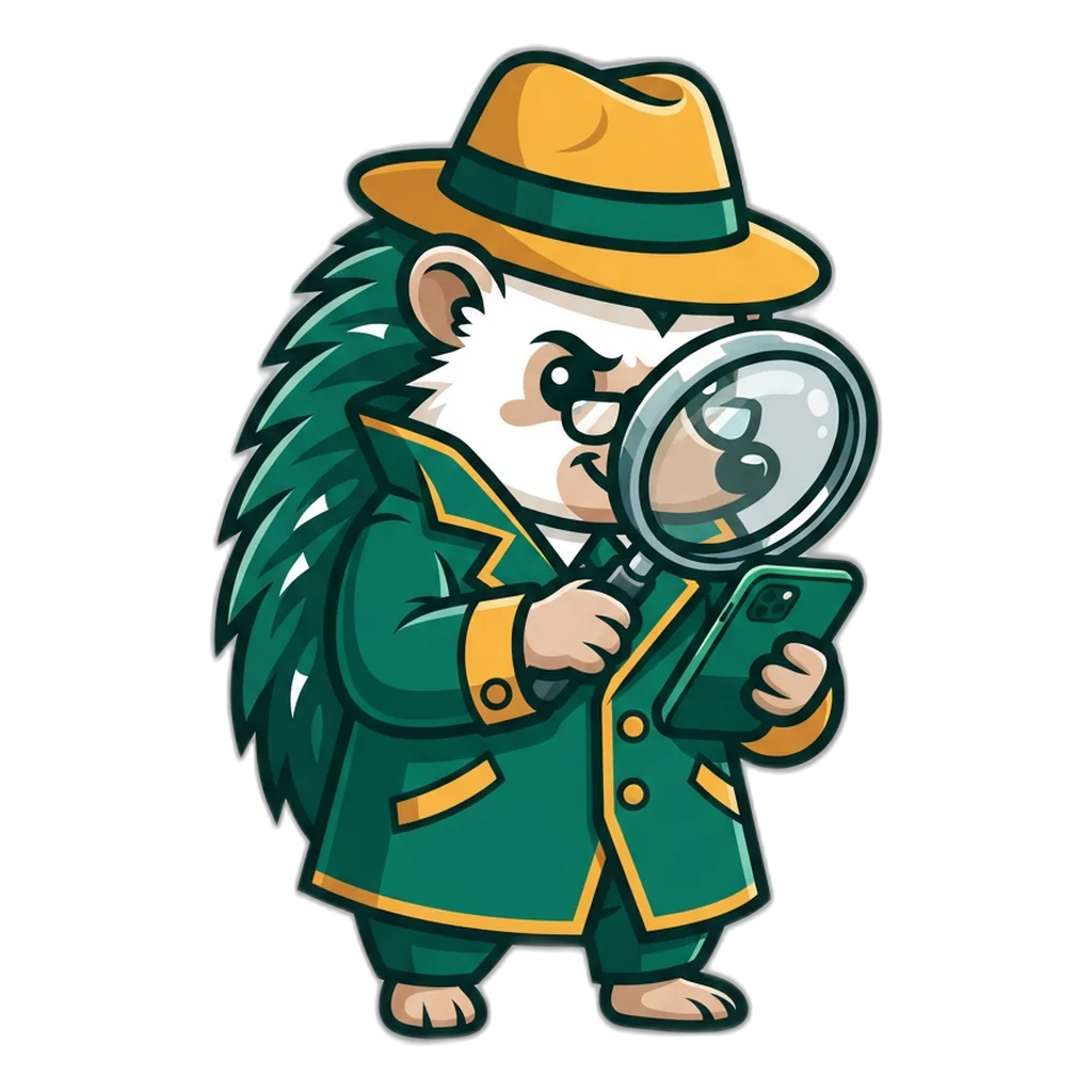 Hedgehog detective looking at a phone screen through a magnifying glass