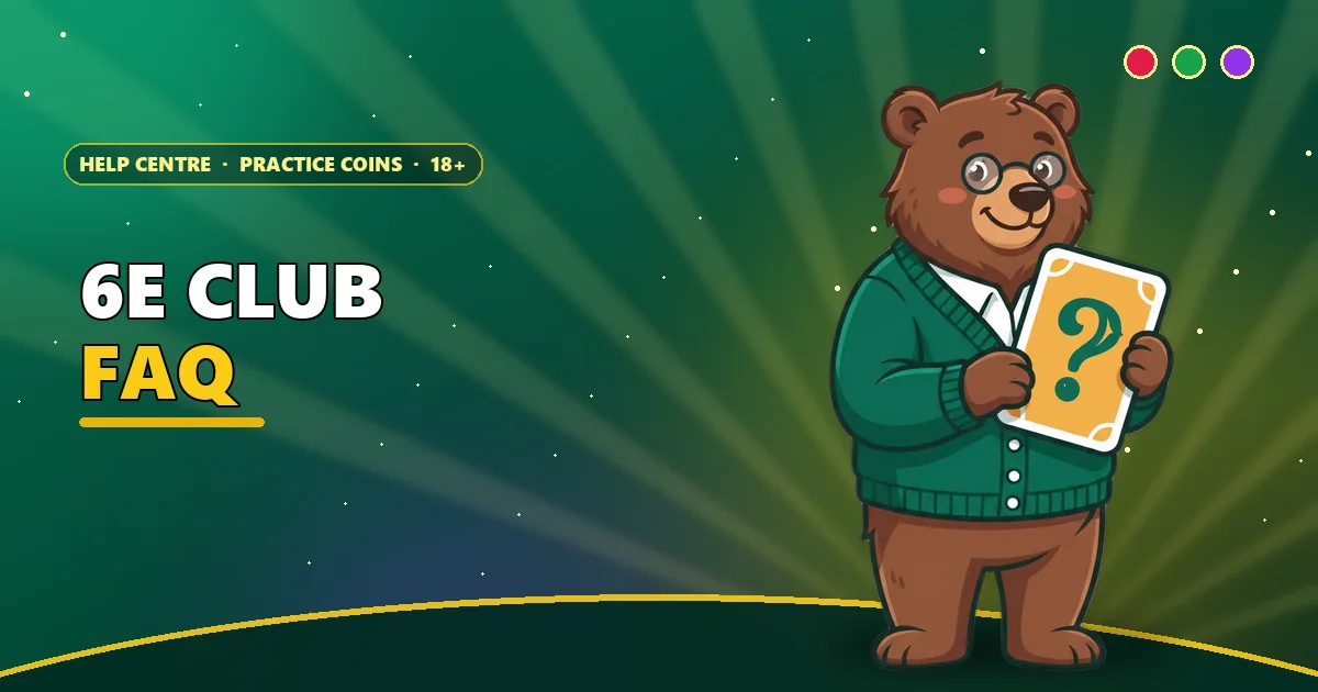 Bear librarian holding a question mark card for the 6E Club FAQ