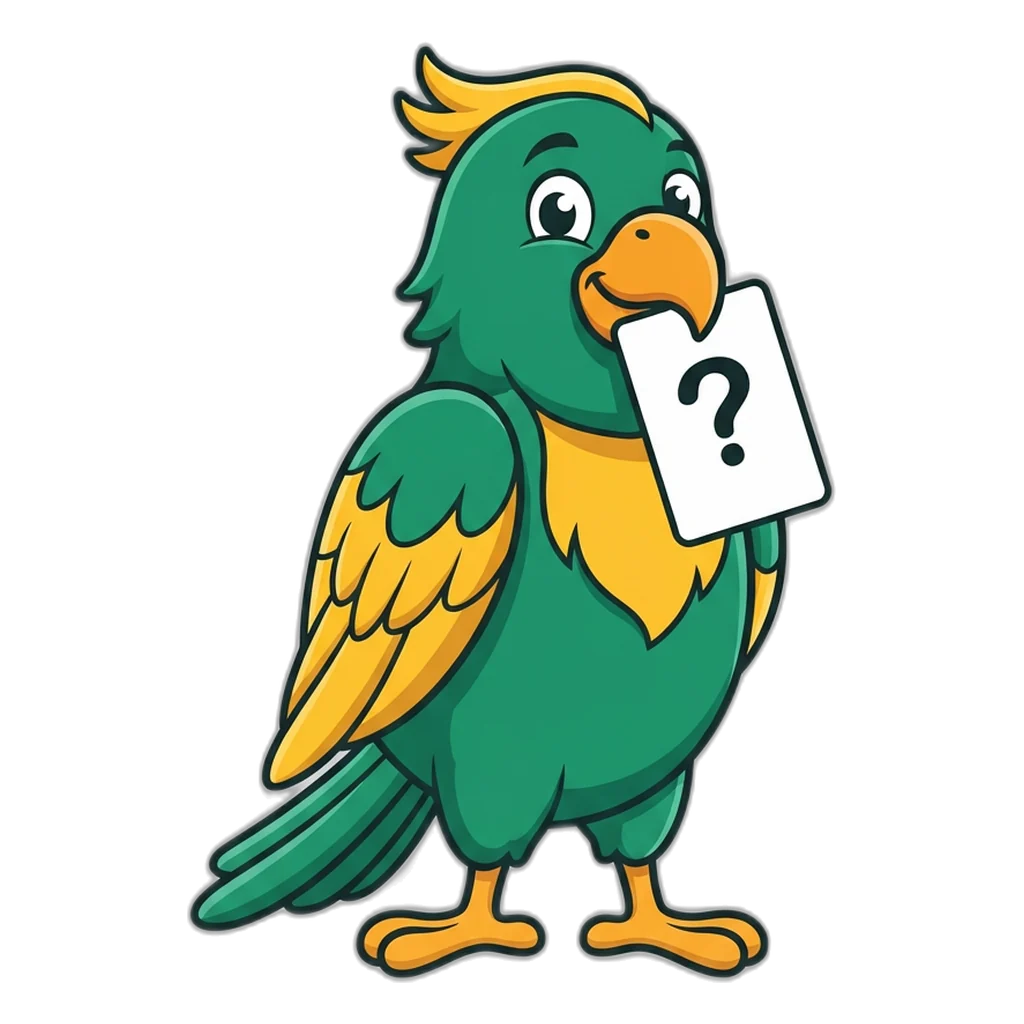 Green parrot holding a question card, the friendly guide to the 6E Club FAQ