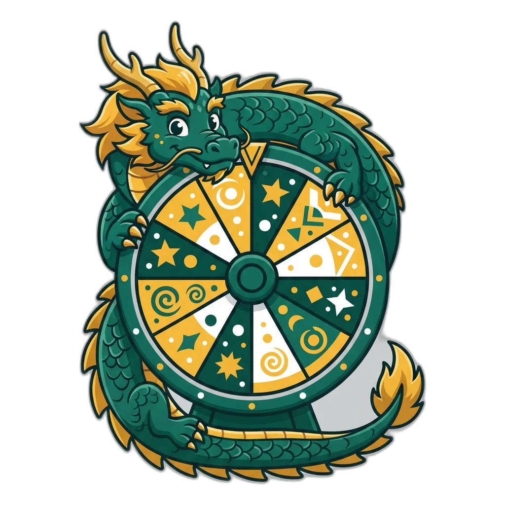 Green dragon curled around a wheel of ten equal slices numbered 0 to 9