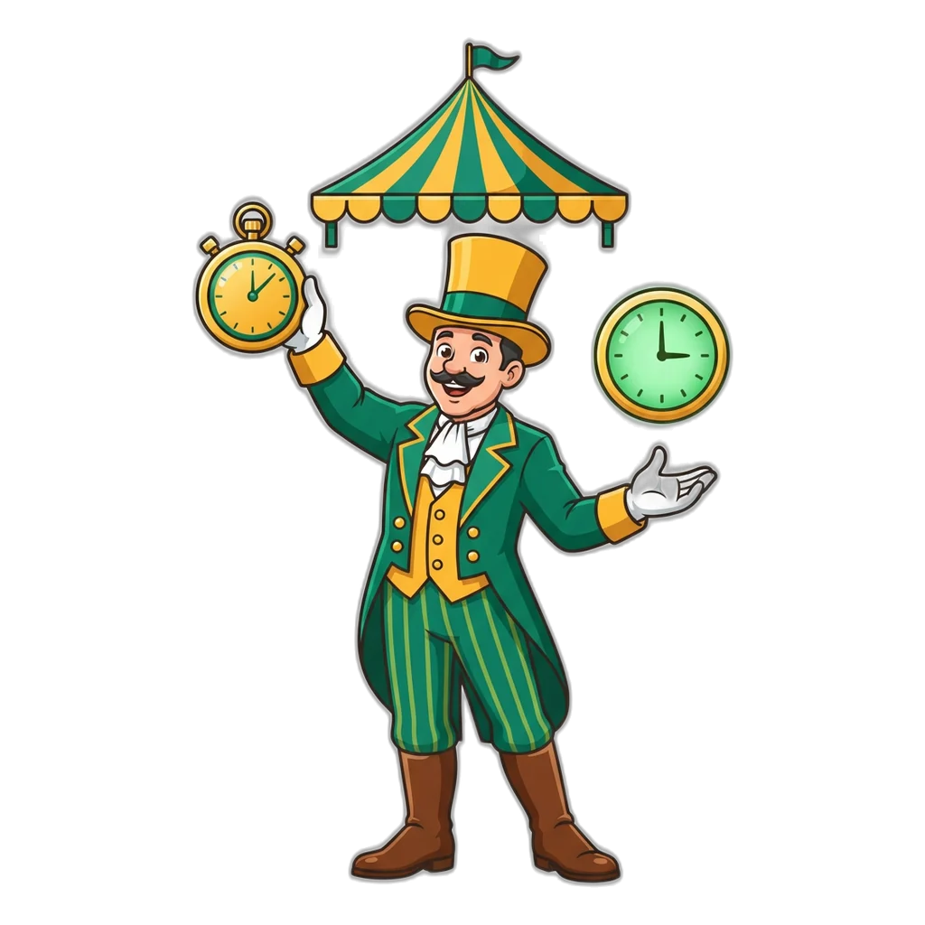 Ringmaster in a green coat holding up a stopwatch to start a new 6E Club game round