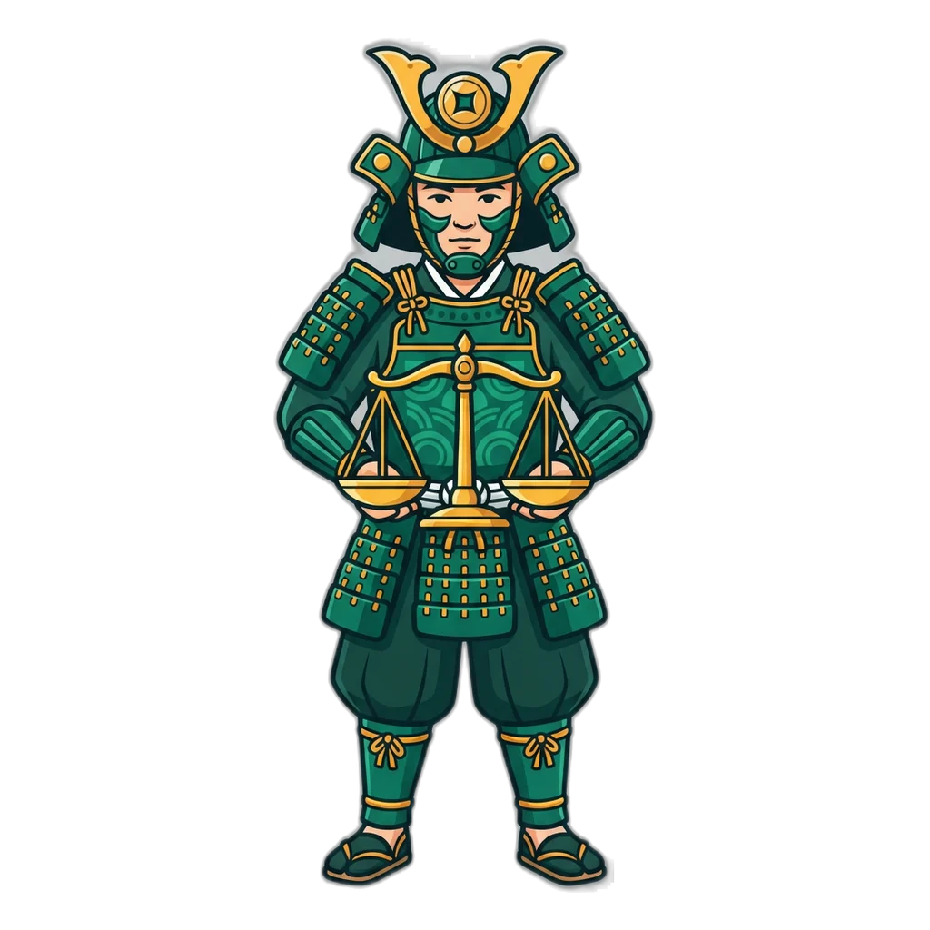 Samurai holding balanced scales marked Big for 5 to 9 and Small for 0 to 4