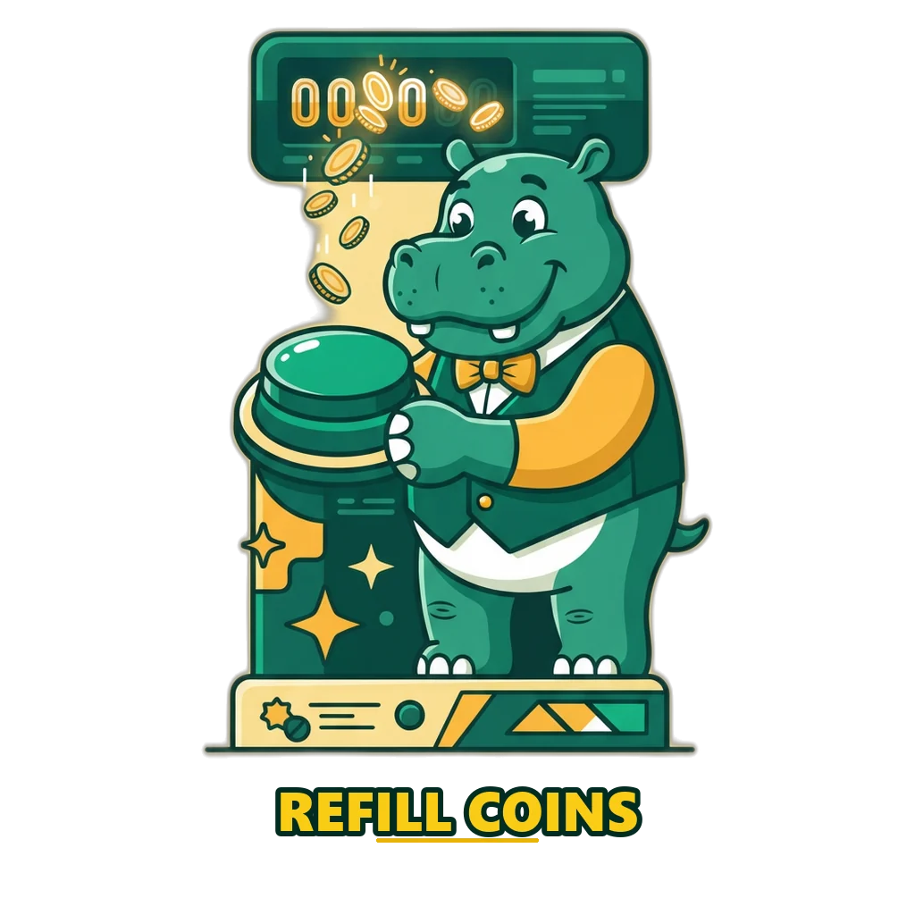 Happy hippo pressing a big refill button that resets practice coins to 5,000