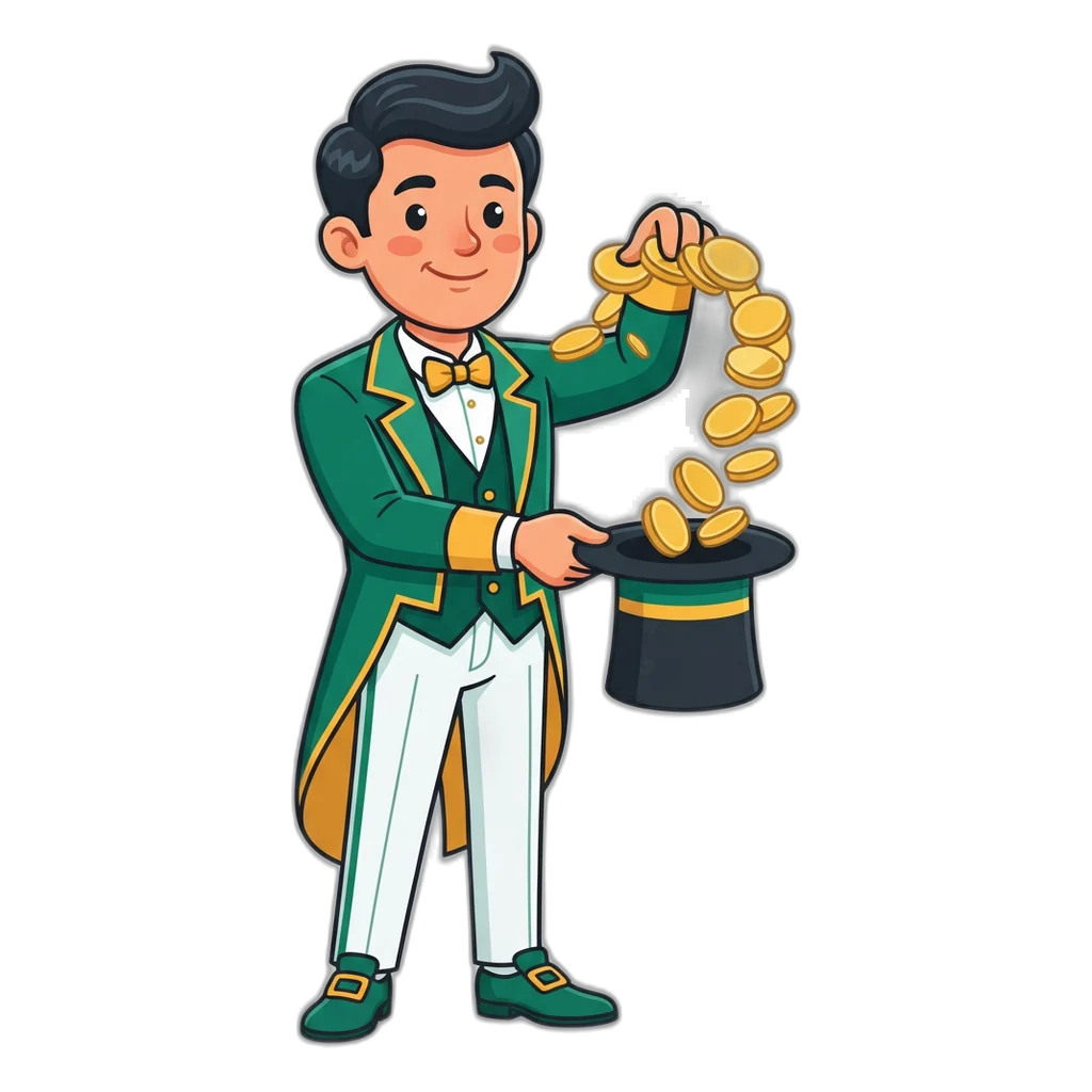 Stage magician pulling practice coins from a top hat, with no 6E Club gift code needed