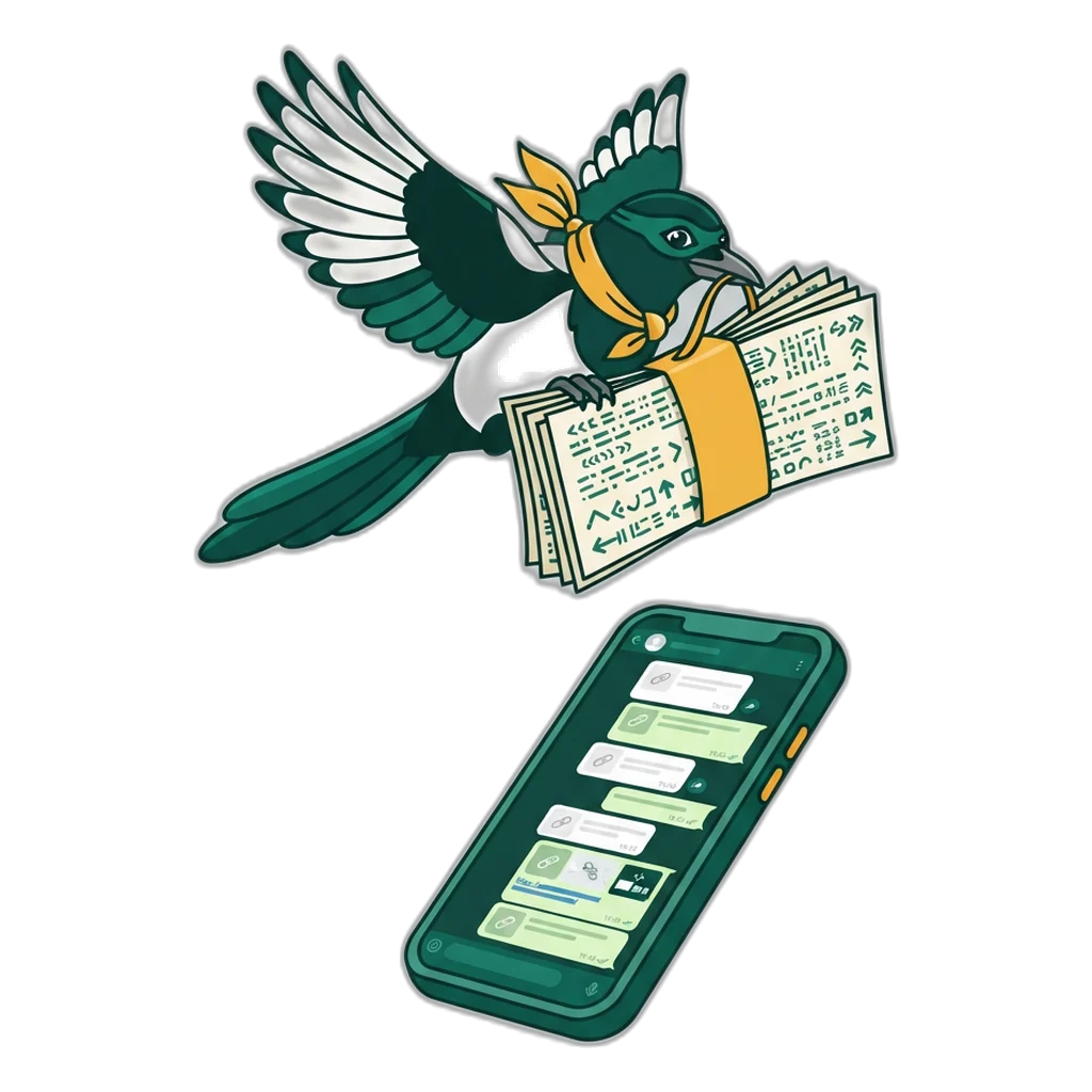 Magpie thief flying off with a bundle of fake code slips, a warning about scam messages