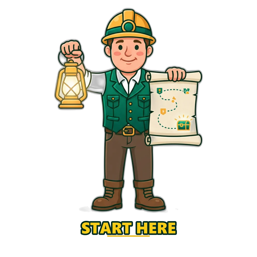 Cheerful gold miner with a lantern holding a start-here map with four stops