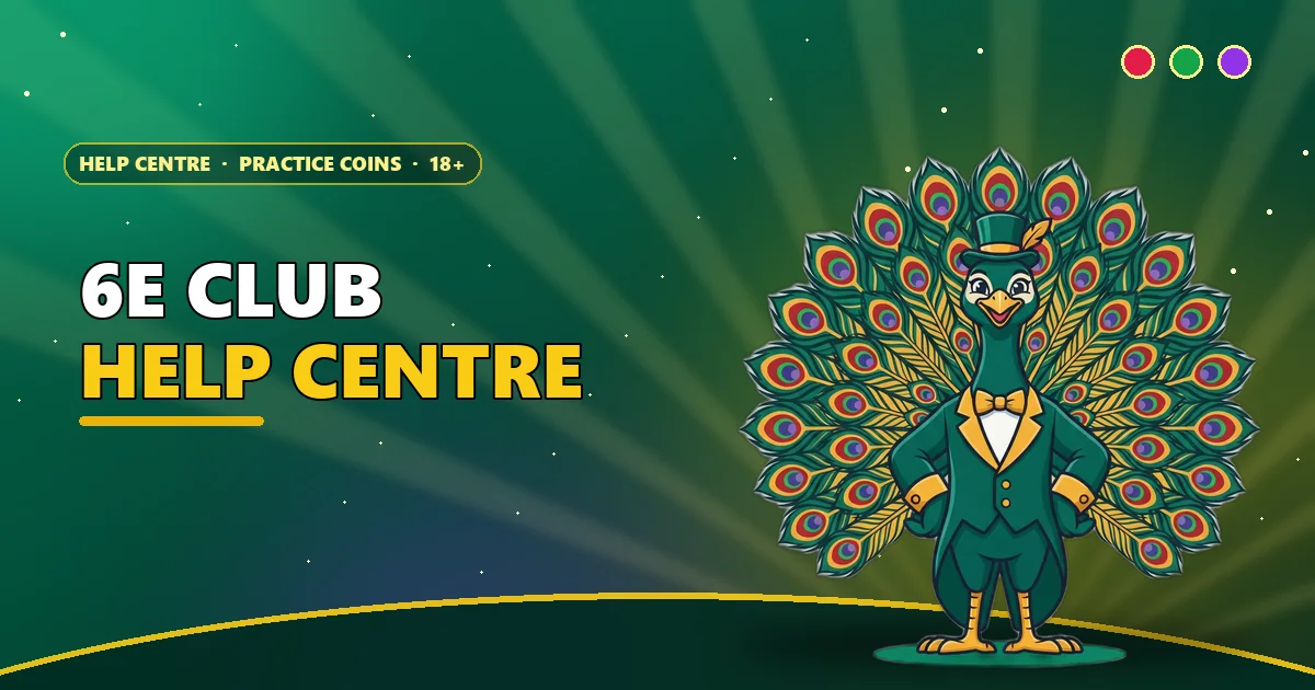 Peacock showman fanning red, green and violet tail feathers on the 6E Club help centre banner
