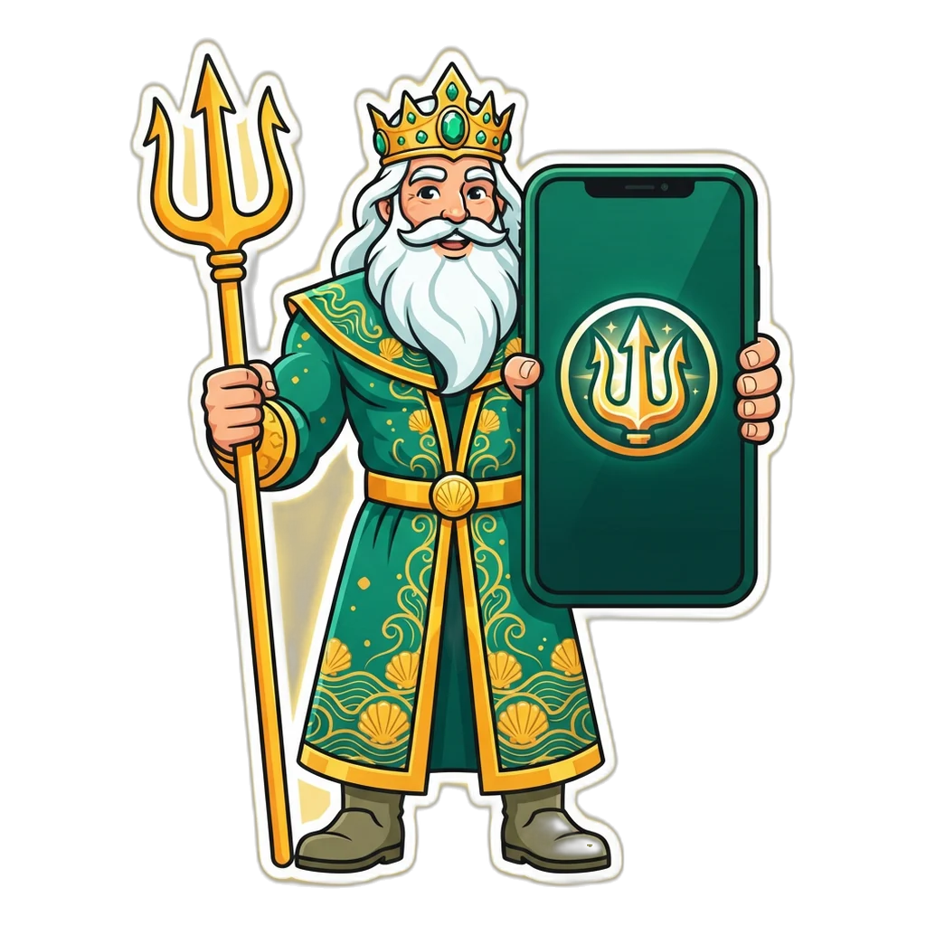Sea king pointing his trident at a phone screen with a home screen icon