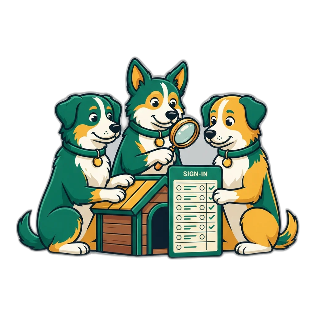 Three guard dogs at a little kennel checking a sign-in card against a tick list