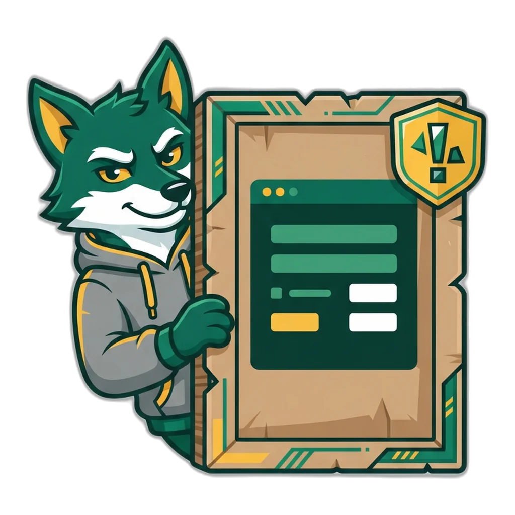 Sly wolf in a hoodie hiding behind a fake sign-in screen, a warning sign beside it