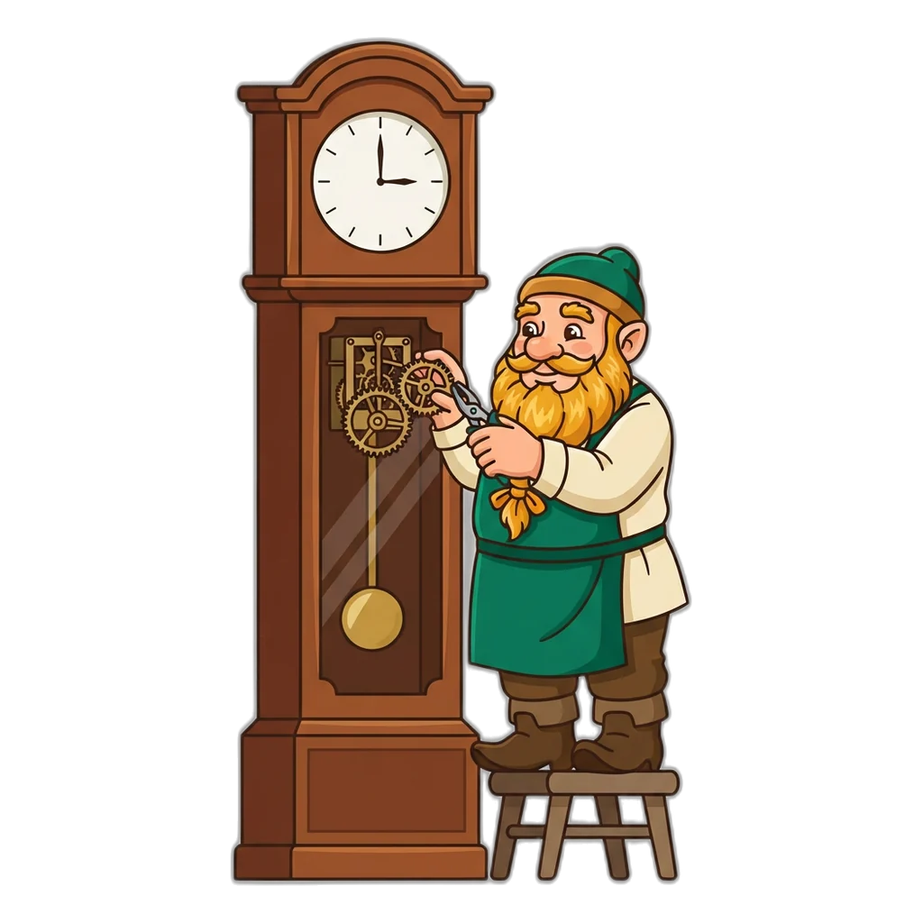 Dwarf clockmaker fitting gears into a clock with four rings for the four rooms