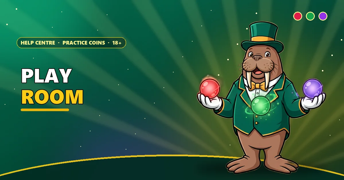 Walrus game host presenting red, green and violet orbs for the free 6E Club play room
