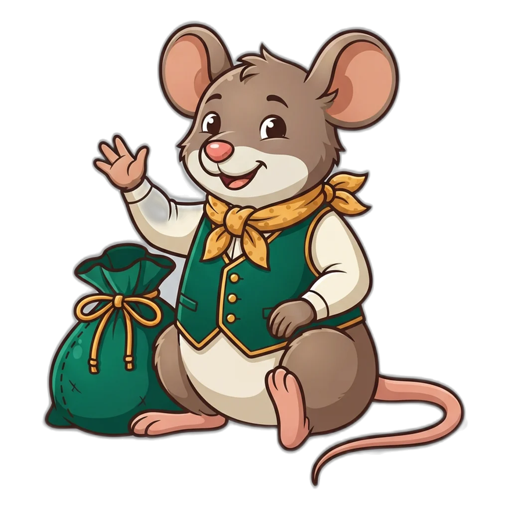 Cheerful mouse beside a sack of 5,000 practice coins, waving hello