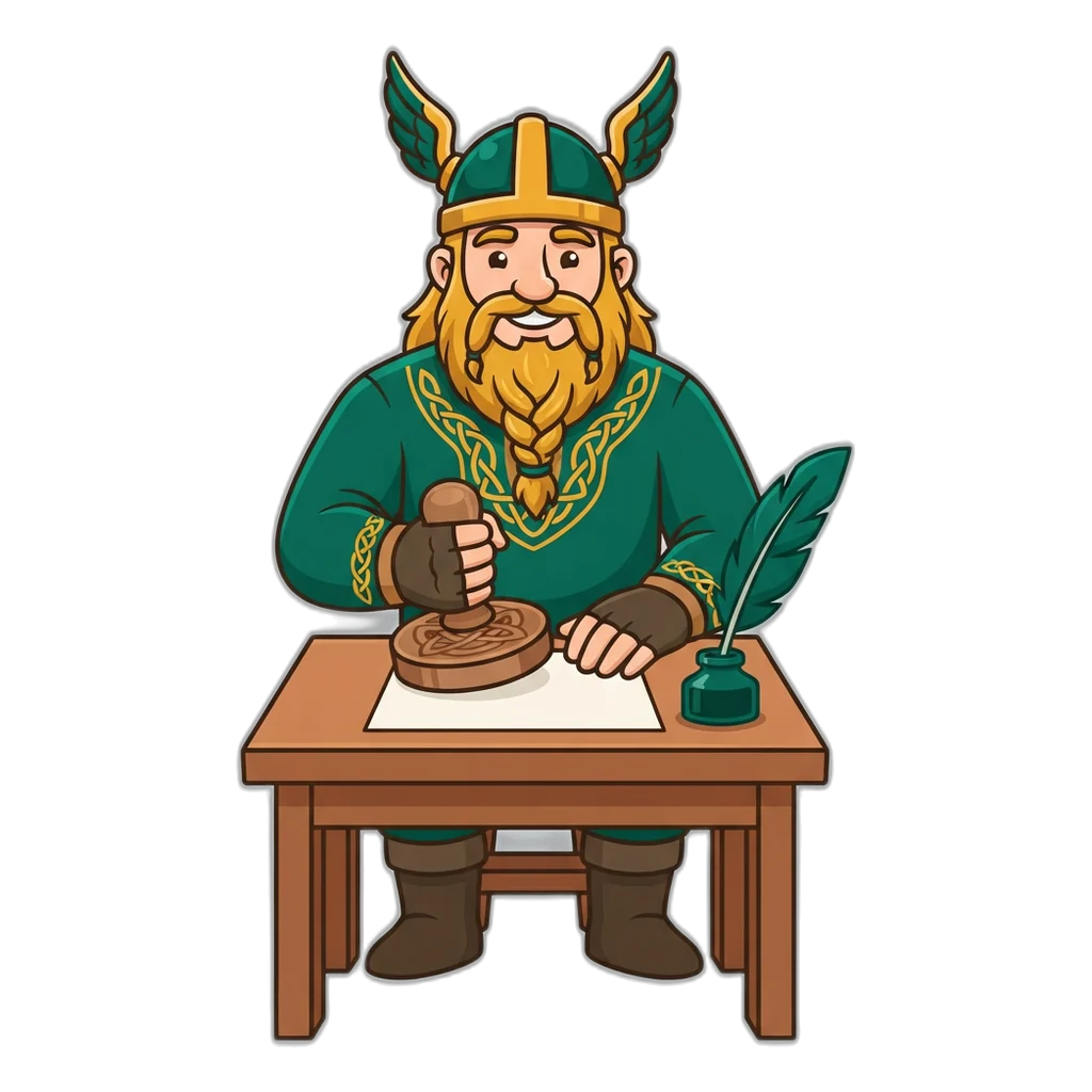 Viking scribe stamping an 18+ card at a wooden desk