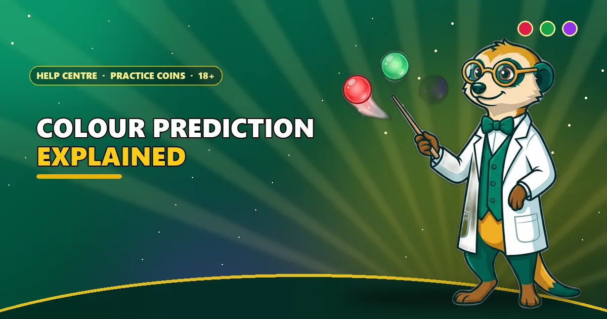 Meerkat professor pointing at red, green and violet orbs for the what is colour prediction game guide