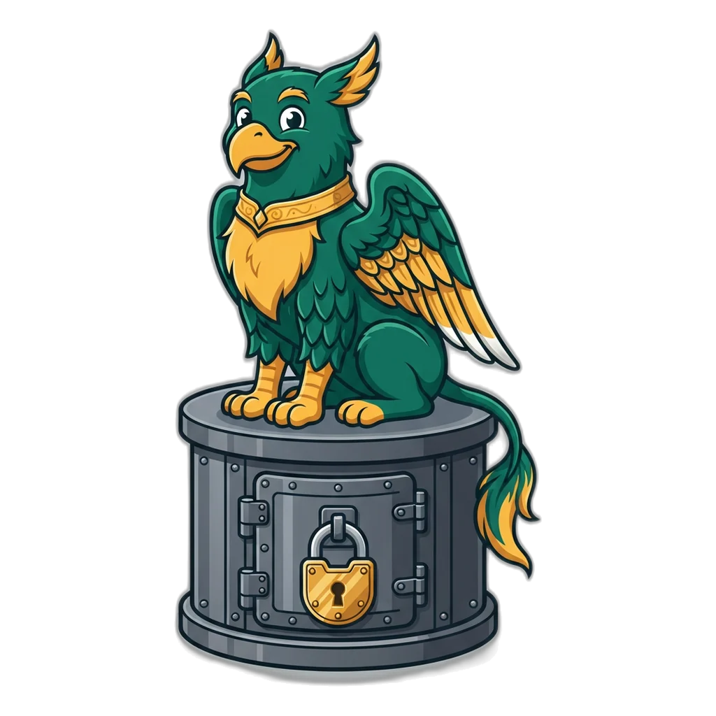 Griffin guarding a locked practice-only coin vault for the 6E Club withdrawal guide