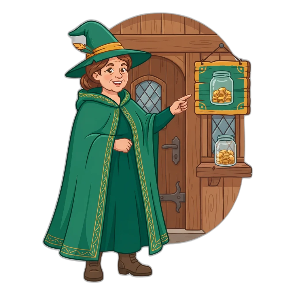 Forest witch at her hut door pointing to a sign that says no cash out